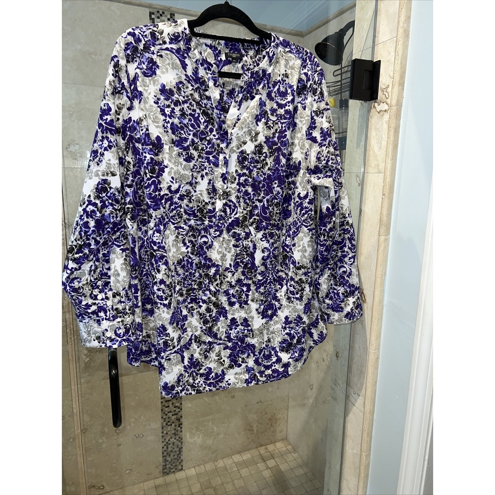 Talbots Women Purple Gray Rose Long Sleeve Button-Down Shirt 2X Plus